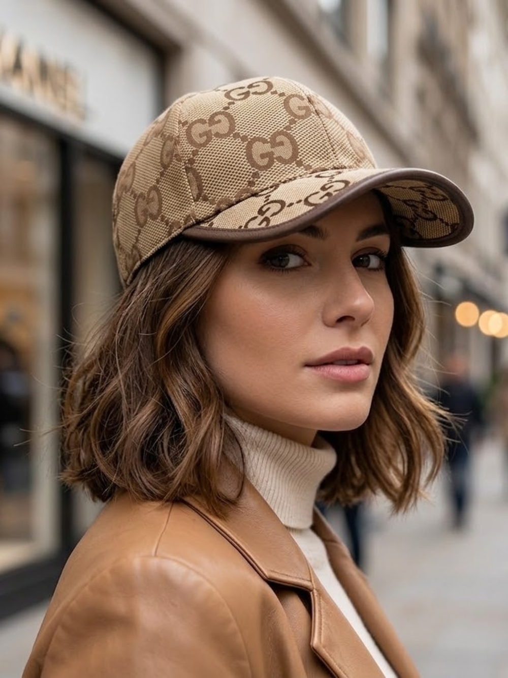 Gucci Tan GG Canvas Baseball Cap with Brown Trim